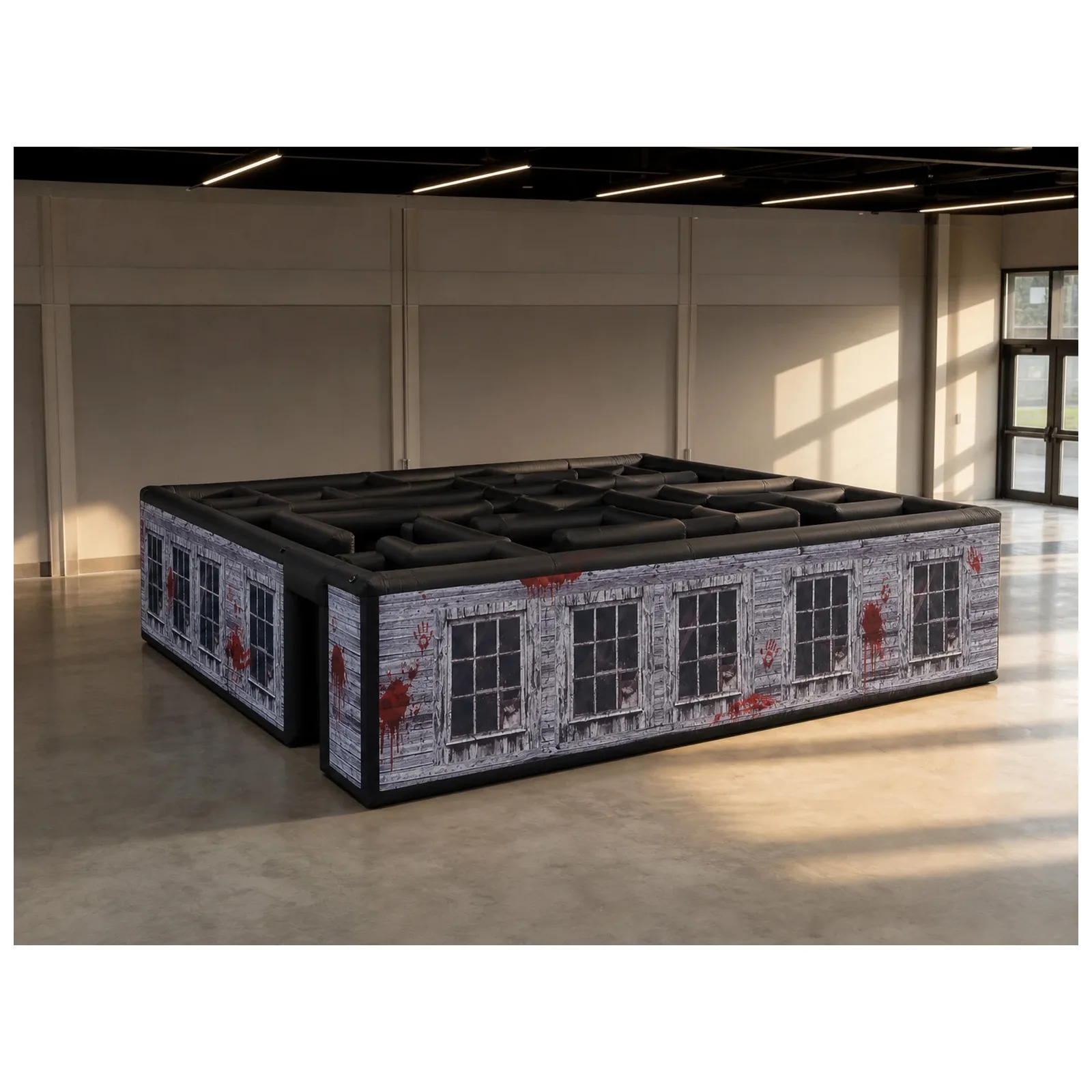 Commercial Gray Blood Window Inflatable Haunted Maze 9x9x2m Corner Entry Open Top