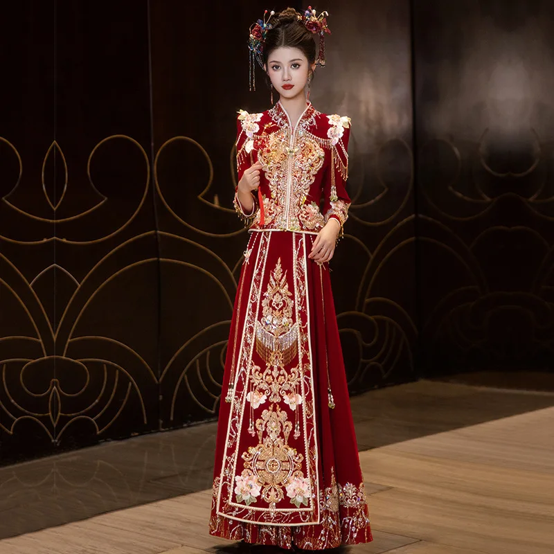 

Xiuhe Одежда для свадьбы в китайском стиле, новинка 2024, платье для тяжелой промышленности, бархатный элитный тост