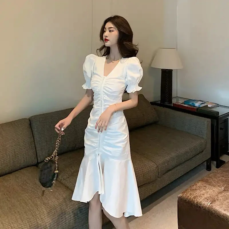 

Elegant Solid Puff Short Sleeve Women Dress V Neck Folds Slit Ladies Knee Length Dress Fashion All Match Ruffles Female Vestidos