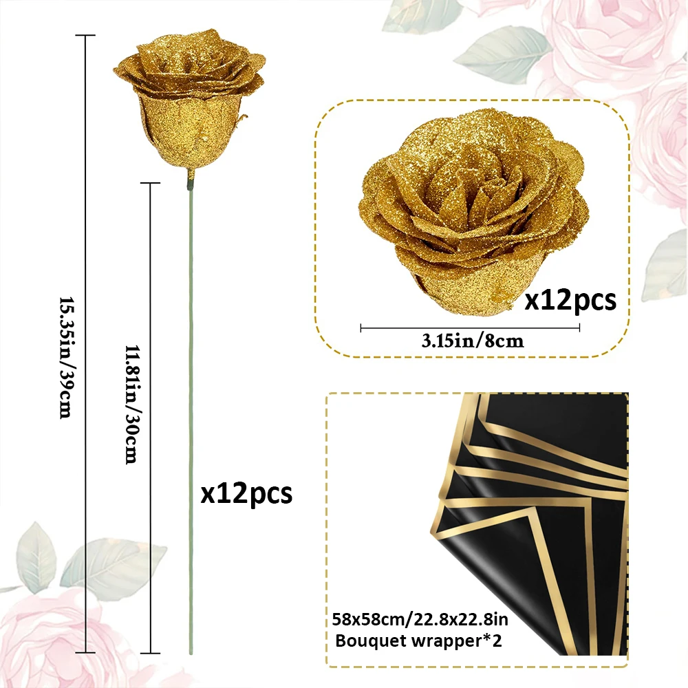 12 Stück glitzernde Rosen, künstliche Blumen, DIY-Blumenstrauß, ewige künstliche Blumen für Hochzeit, Jahrestag, Valentinstag, Muttergeschenke – Detail 4