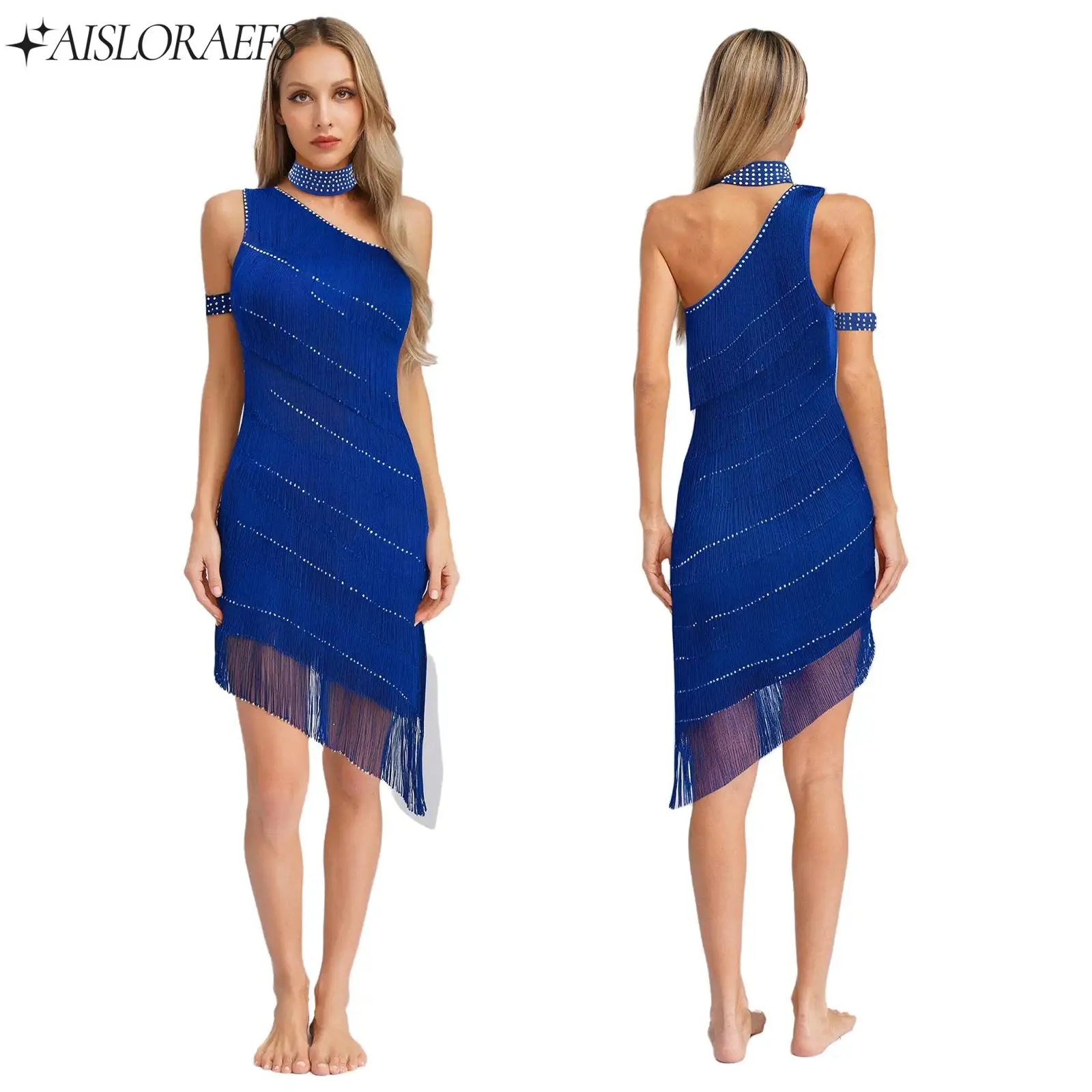

Womens Latin Tango Salsa Samba Dance Dress Tassel Rhinestone Sleeveless One Shoulder Dress+ Choker+Armband Modern Dance Costume