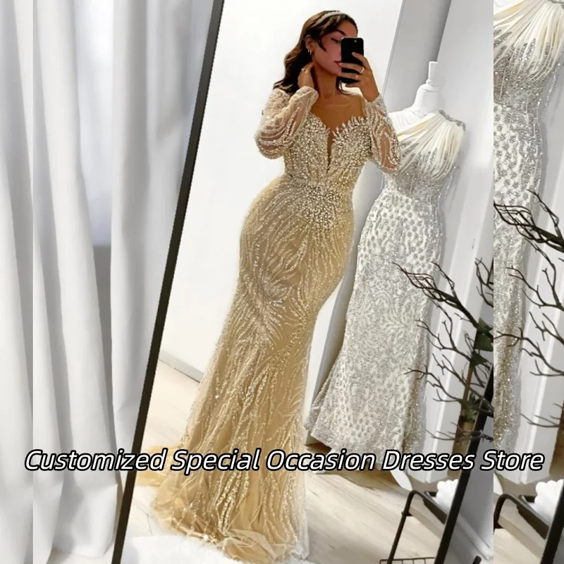 

Роскошные вечерние платья цвета шампанского с аппликацией из бисера и пайеток для женщин, длинное платье русалки для выпускного вечера по индивидуальному заказу, свадебные платья