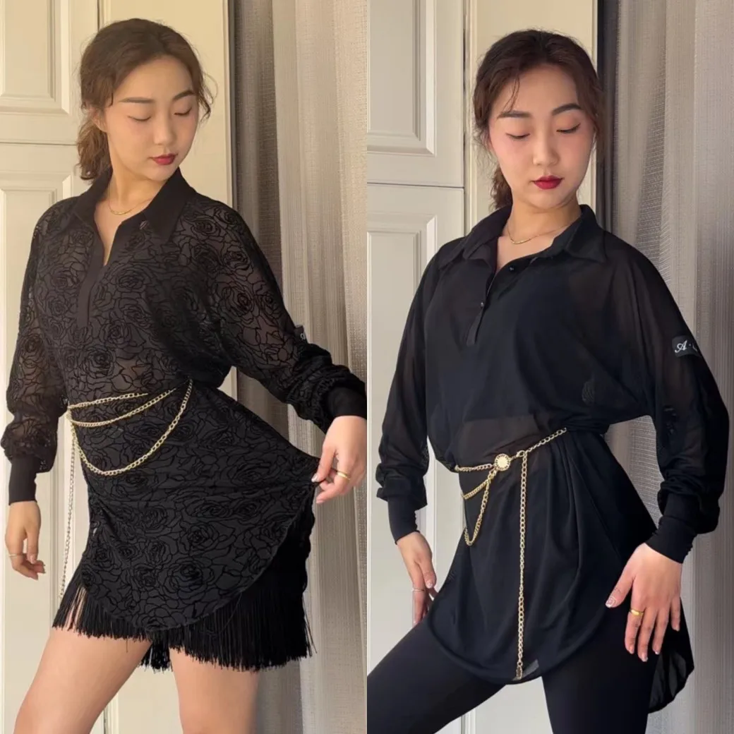 

Latin Dance Shirt For Women Long Sleeves Tops+Waist Chain Loose Practice Clothing Rumba Cha Cha Dance Wear Black Dress DNV17552