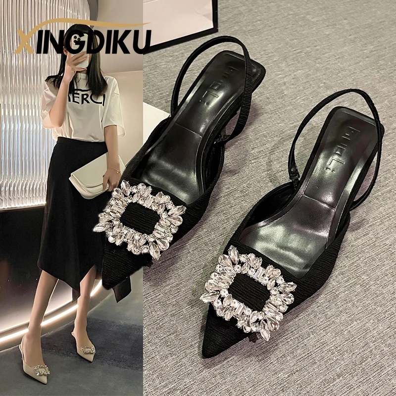 Designer Sandals Women\'s Summer New Square Buckle Beaded Fashion Pointed Toe Stiletto Sandals Back Strap High Heels Ladies