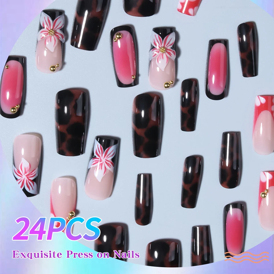 24 Piezas Uñas Postizas Francesas Acrílicas Largas Cuadradas con Flores y Perlas 3D, Juego Perfecto Incluido 3