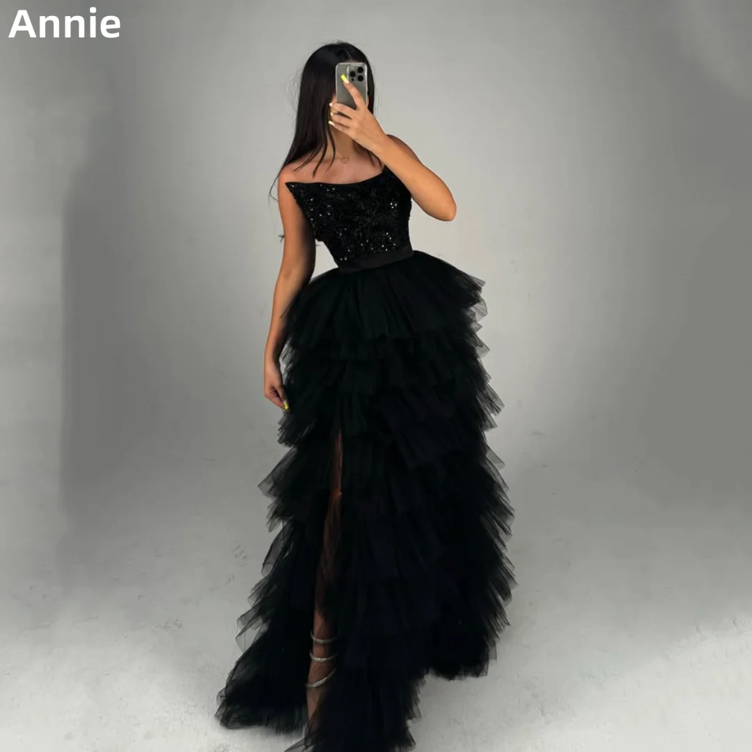 Annie Gorgeous Embroidery Prom Dresses Glitter Tulle Multi-layer Evening Dresses Black Lady Vestidos De Fiesta Customized