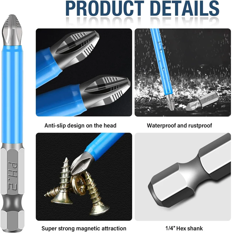 Magnetic Anti-Slip Screwdriver Bits 1/4" Hex Shank PH2 Phillips Screw Bits 25-150mm for Electric Drill Bit Set Repair Tool Kit
