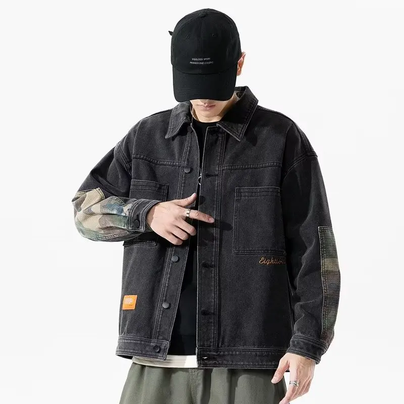 Men's Dark Gray and Blue Jean Jacket, Men's Coats, Autumn and Winter Denim Jacket, Men Clothing, Men's Jackets, Men Outerwear