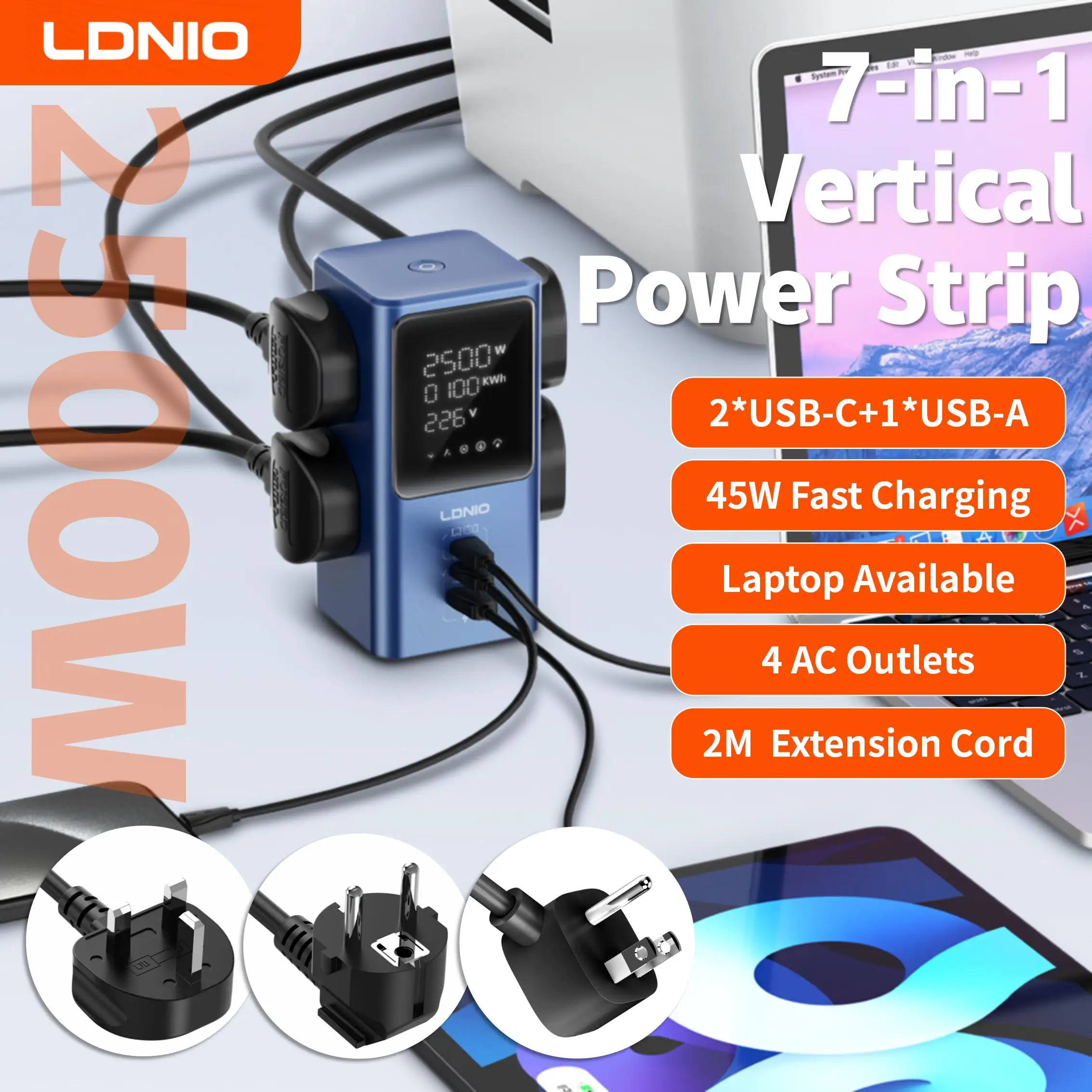

LDNIO Vertical Tower Power Strip Socket Multi Universal Outlets with 45W PD USB C Fast Charging Station Extension Cable Screen