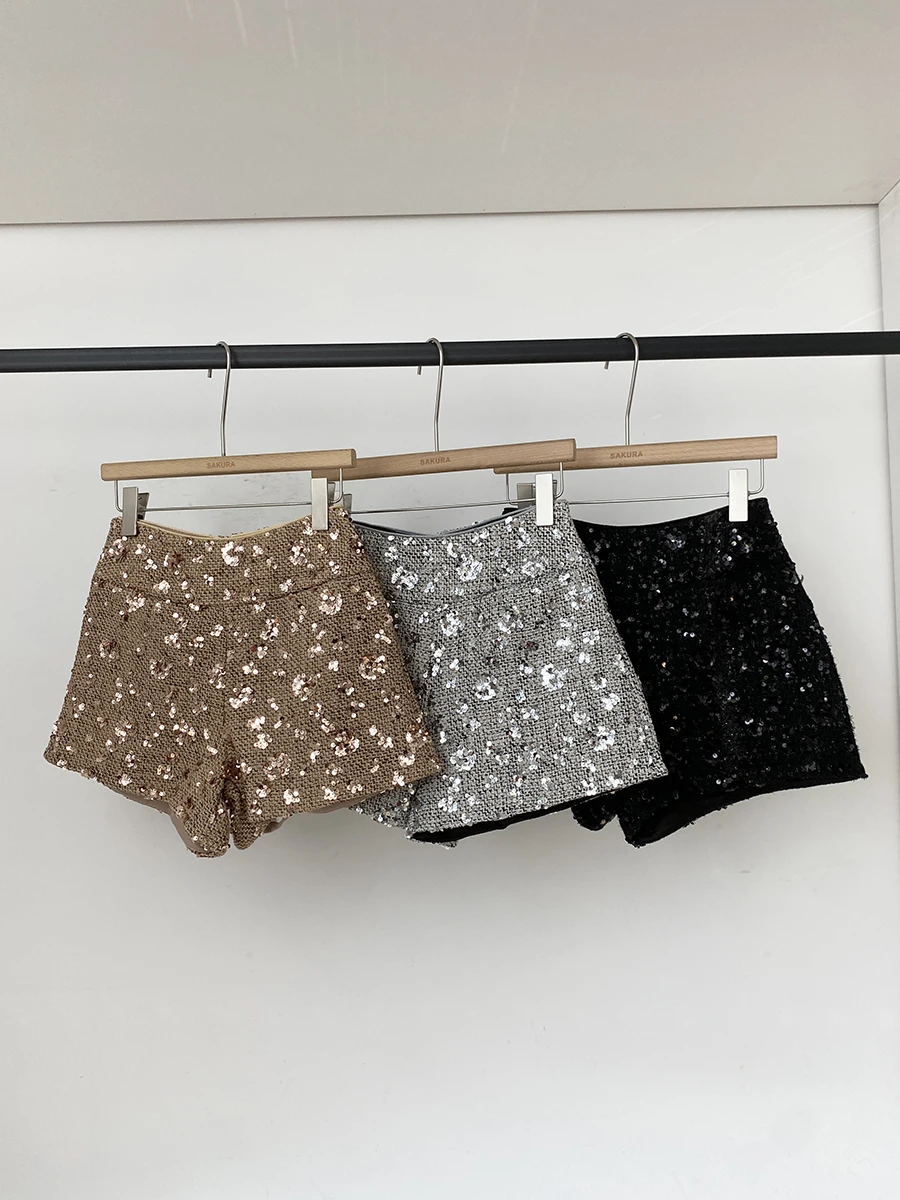Women's Autumn Winter Streetwear Sequined High Waist Wide Leg Shorts Lady High Waist Bling Bling Short Pants