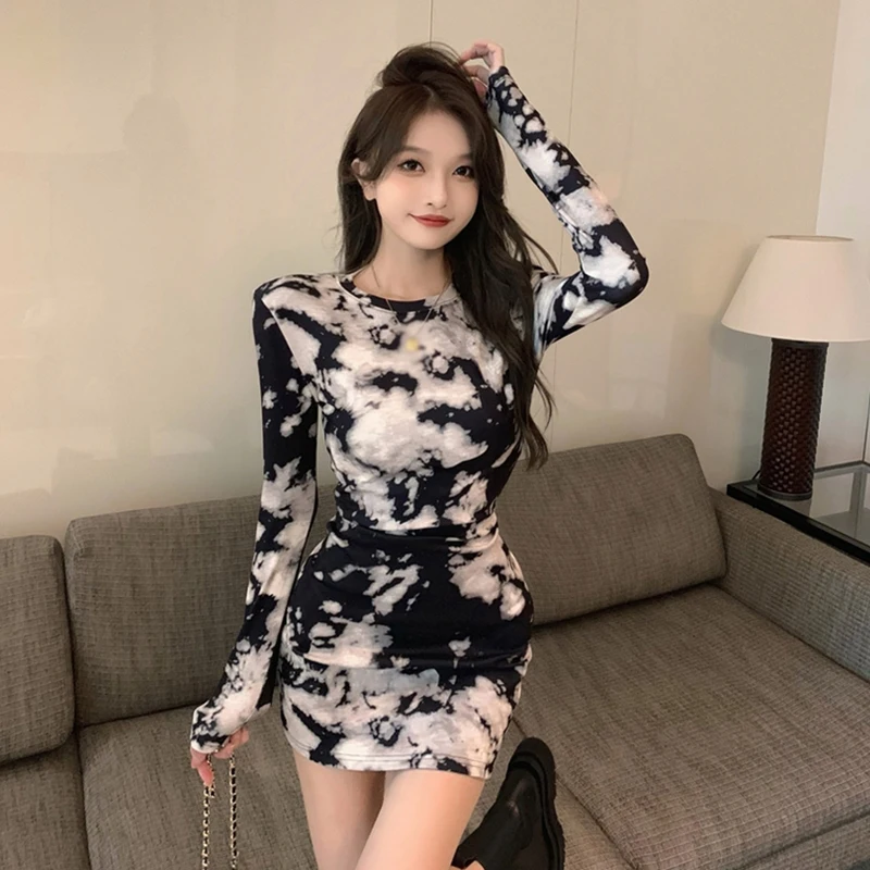 

Women Tie-dyed Dresses for Party Chic Spring Summer Elegant Long Sleeves New Style Minority Sexy Hip Skirt