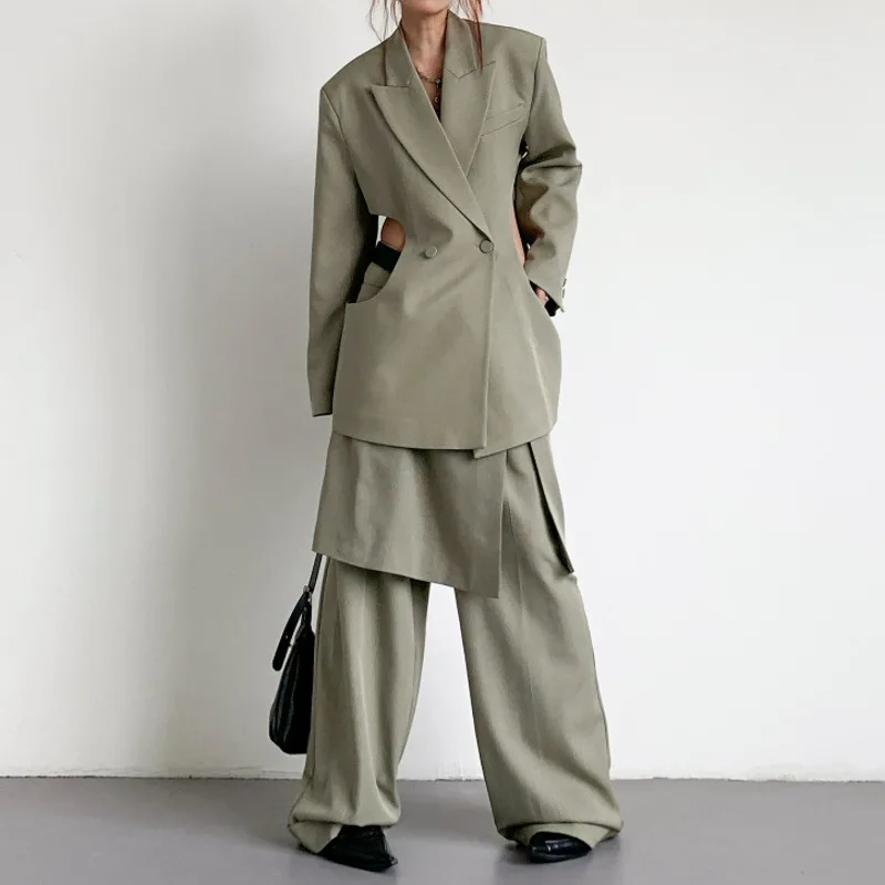 HKSH ربيع الخريف جديد المرأة السترة الجوف خارج الخصر مزدوجة الصدر سترة مثيرة وهمية قطعتين بلون سراويل تقليدية HK13507