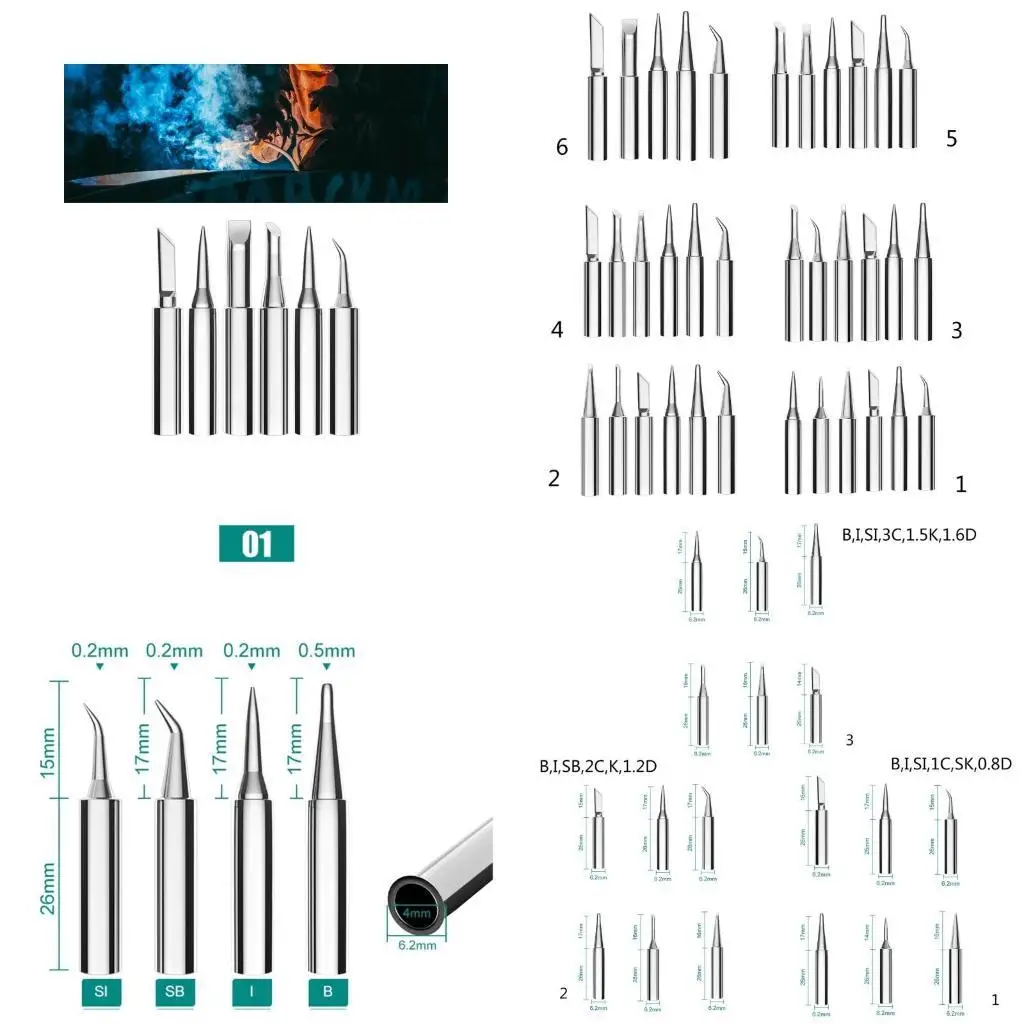 

Y1UD 6Pcs 936 Copper Soldering Tips Welding Tip Alloy Plating Lead-Free Solder Heads