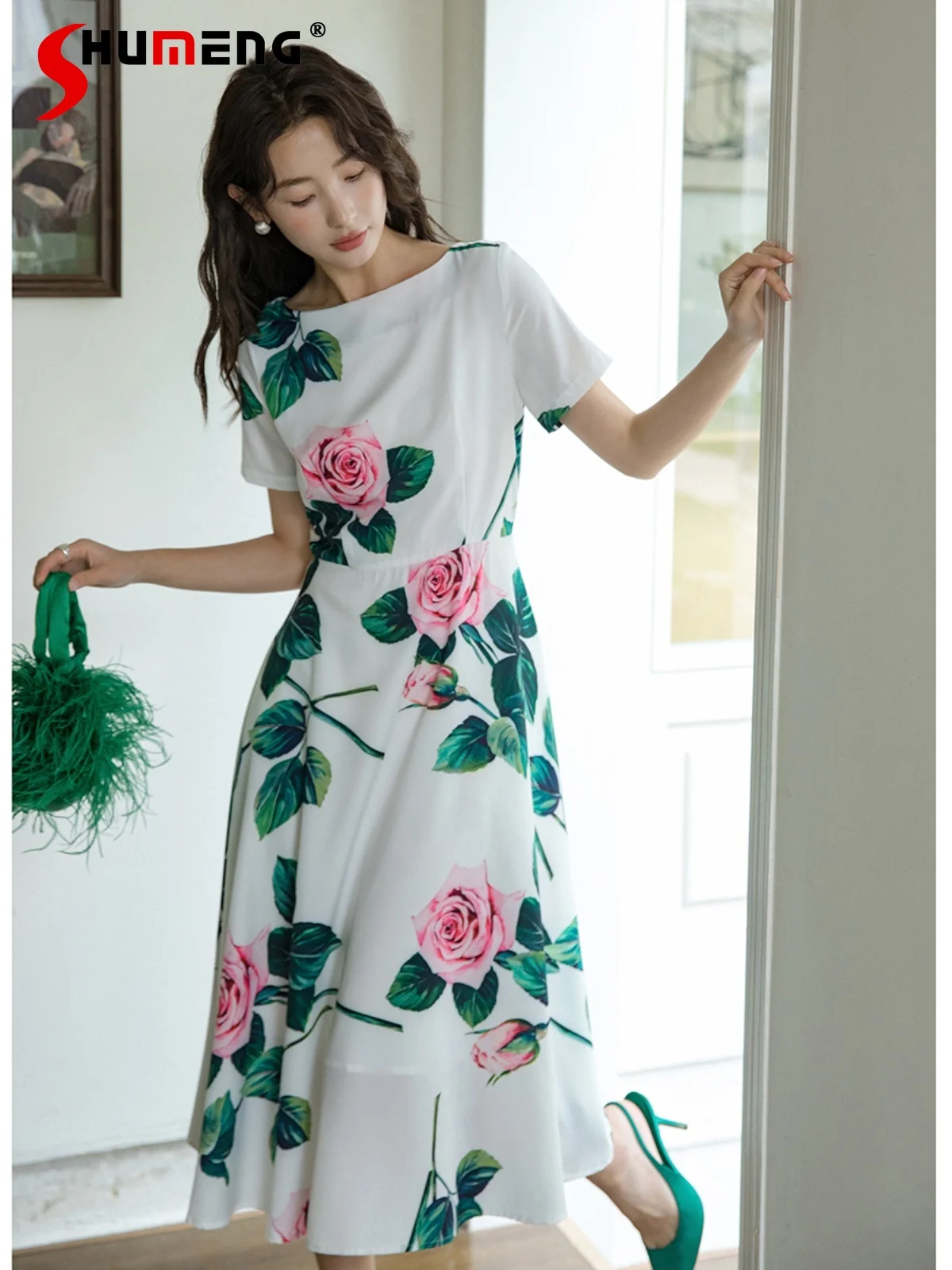 

Fashion 2024 Summer New Short-Sleeve Dress A- Line Dresses Female Society Small Fragrant Printed Zipper Trendy Chic Swing Skirts