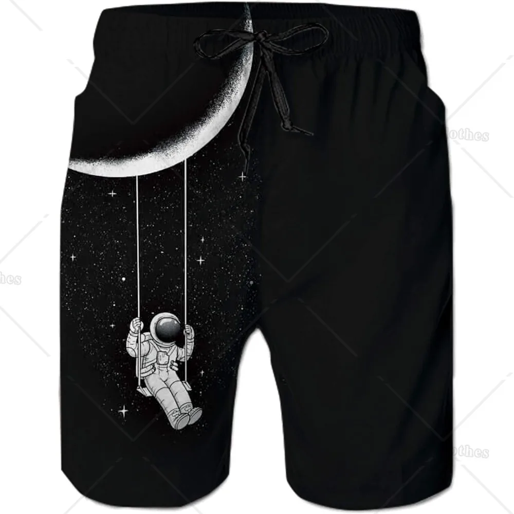 Astronaut Hanging on The Moon Men's Beach Shorts Drawstring Elastic Waist Quick Dry Swim Trunks with Mesh Lining Swimwear Suits