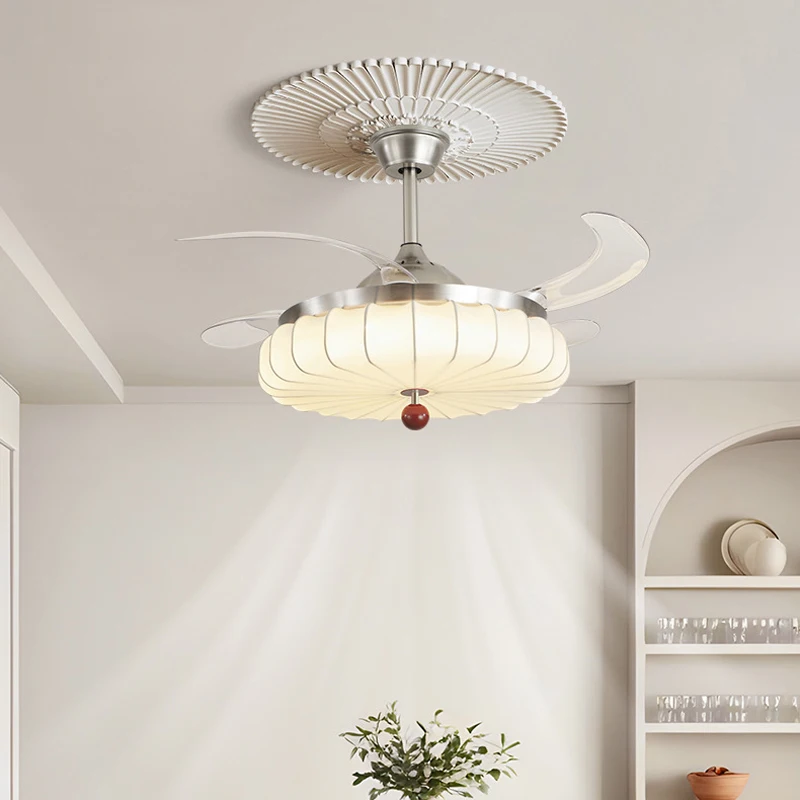 

French Chinese Style Dining Room Fan Light Invisible Fan One Light Retro Nanyang Style Fabric Bedroom Fan Chandelier