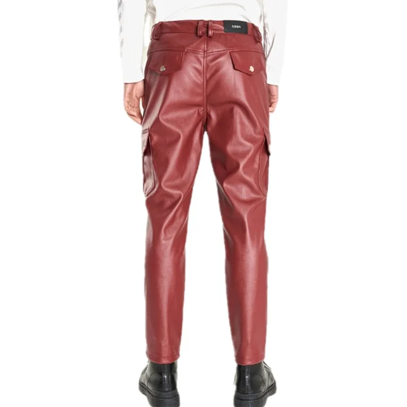 Crimson PU Pants Men's Small Stretch High-waisted Biker Leather Pants Thighs on Both Sides of The Pocket Decoration Big Size 5XL