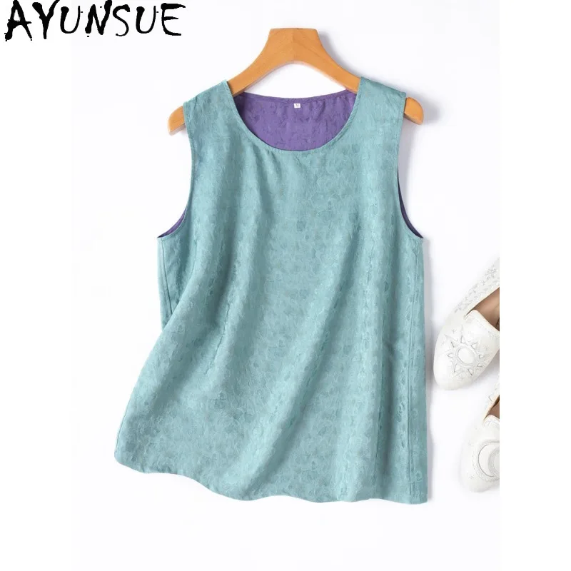 

AYUNSUE 100% Silk Flower-Gauze Women's Tanks Elegant Sleeveless Tops for Woman Reversible Tanks Top Summer Woman Clothes Одежда