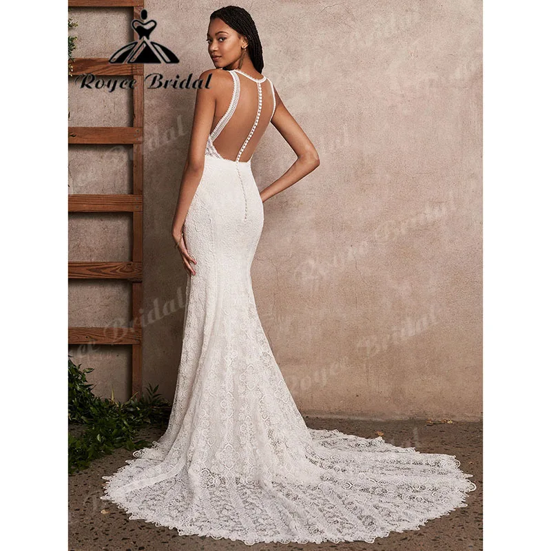 Roycebridal-vestido de Novia de encaje con ilusión Bohemia, traje Sexy de sirena/trompeta, personalizado, corte sirena, 2023