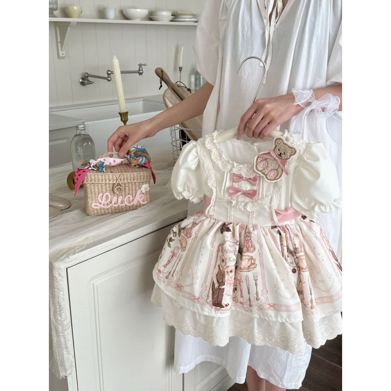 Girls dress2024summer New Style Bubble Sleeve princess dress baby girl sweet fairy dress bear lolita dress