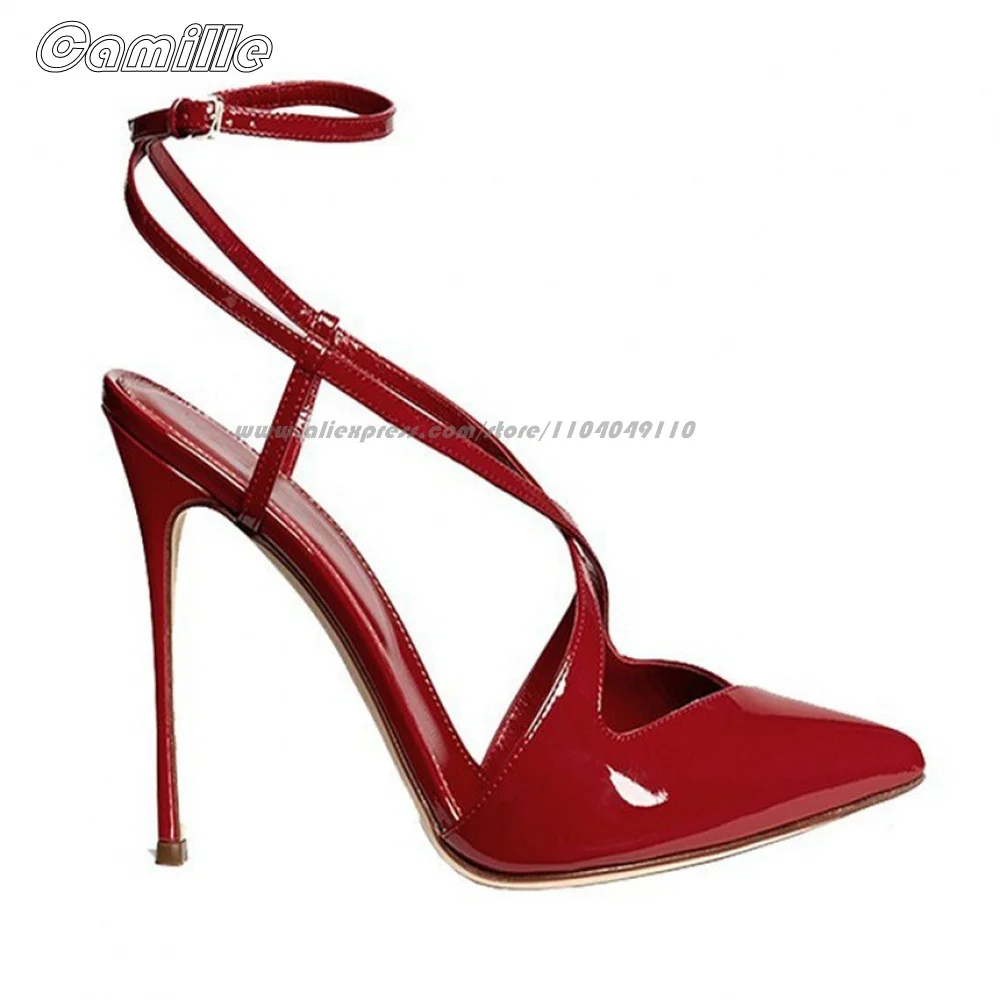 

Patent Leather Ankle Belt Buckle Strap Sexy Lady High Heels Pointed Toe Shallow Cross Strap Pumps All-Match Party Sandals