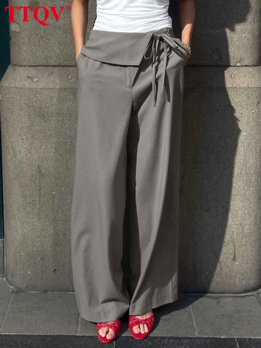

TTQV Fashion Loose Gray Office Women's Pants 2026 Casual High Waist Wide Trousers Elegant Classic Lace-Up Pants Female Clothing