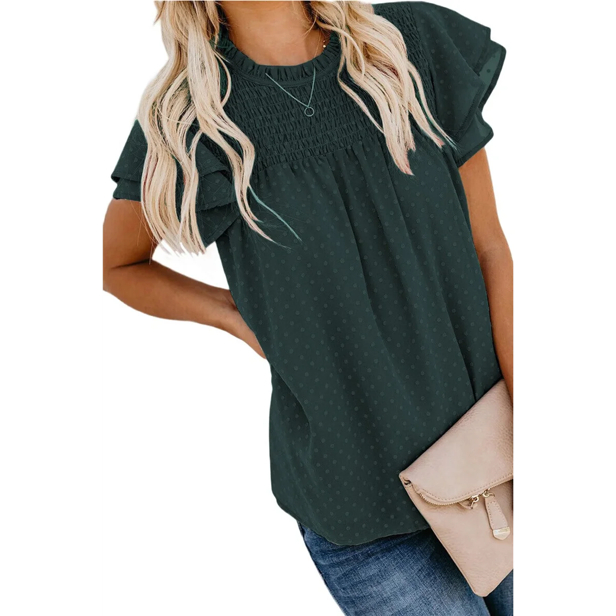 

Женские кружевные вязаные крючком помпоны с круглым вырезом, повседневные рубашки с короткими рукавами, блузки, топы, зеленые S