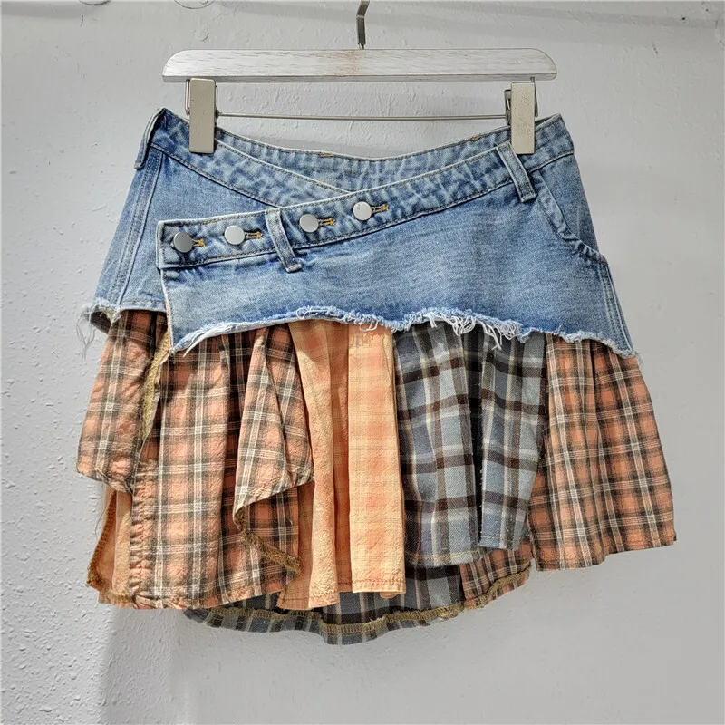 ANJY Sommer Neue frauen Ins Nische Design Flut Unregelmäßigen Plaid Patchwork Denim Kurzen Rock Trend Hip-Hup Streetwear röcke A14758