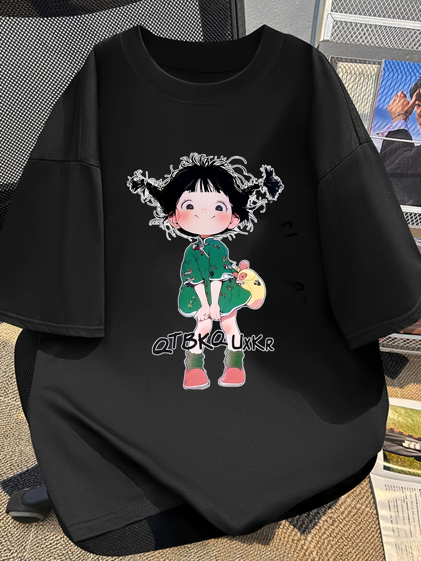 Cartoon Pigtail Girl Holding Popcorn Print Black Short Sleeve Aesthetic Women Top