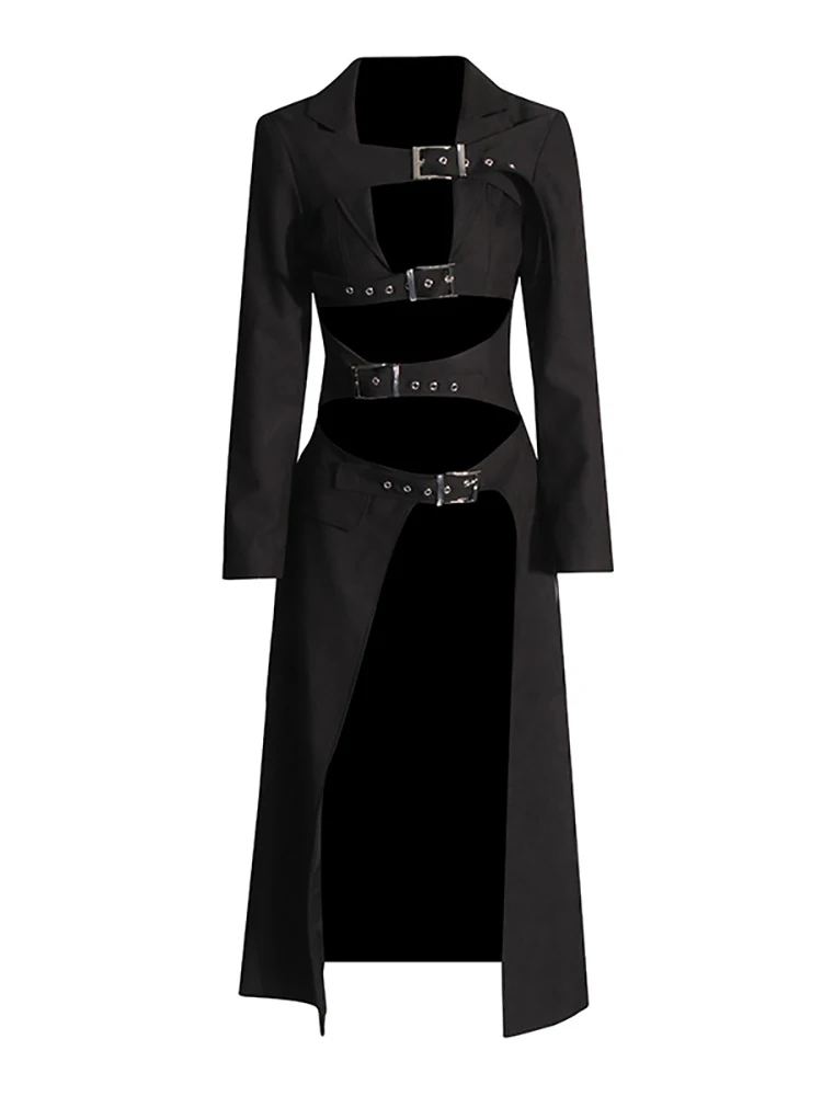 Sexy Long Sleeve Hollow Out Designer Long Coat Women Black Spliced Belt Split Irregular Jackets  Evening Party Cocktail Blazers