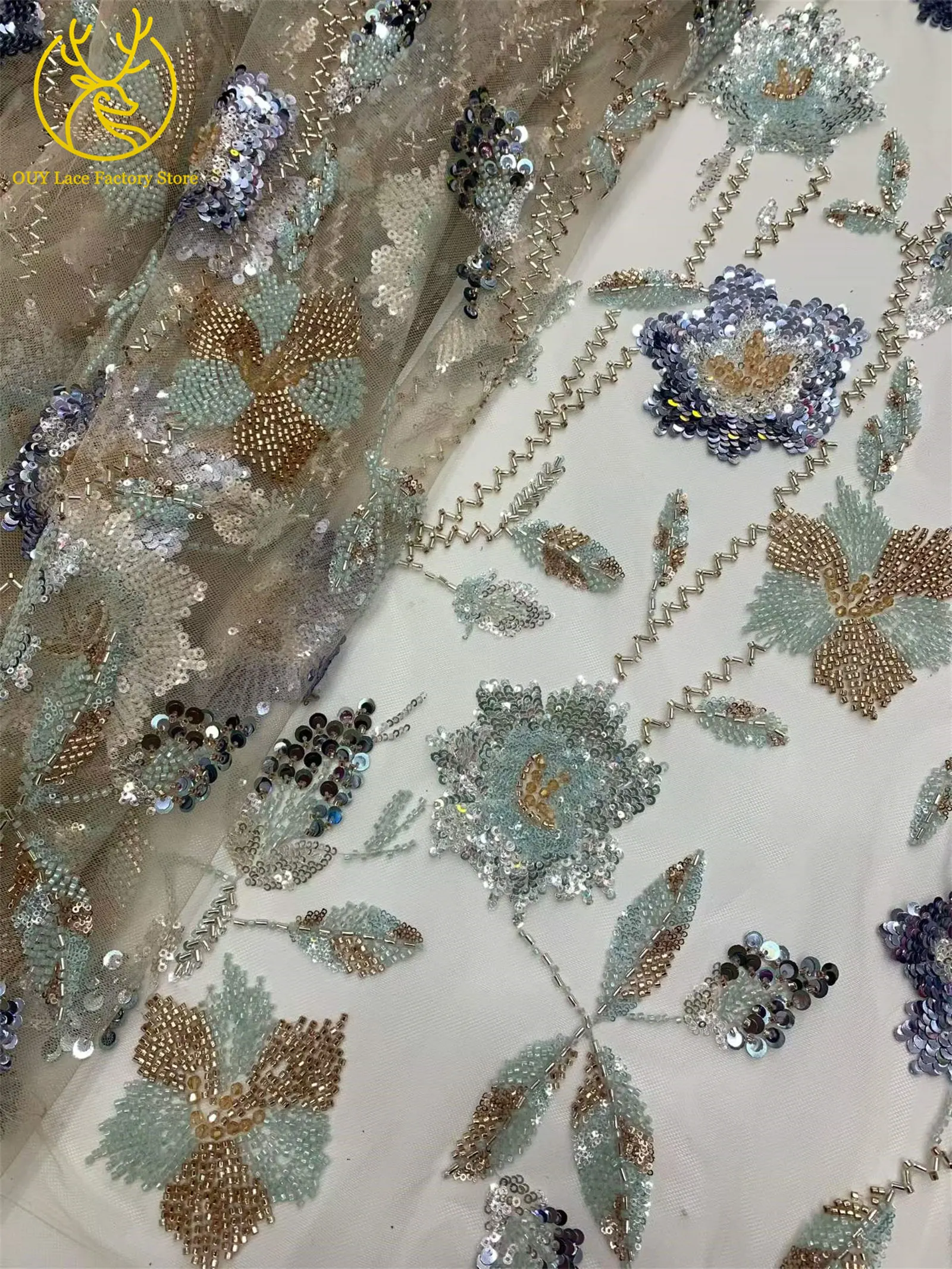 2026 Französische Stickerei Perlenbesetzter Mesh-Spitzenstoff 5 Yards Hochwertiger Afrikanischer Pailletten-Spitzenstoff für Damen Partykleider Nähen – Detail 22