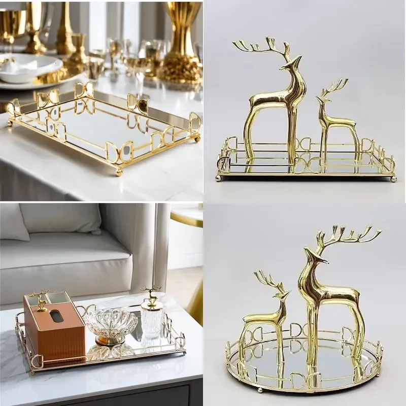 Luxury Gold Metal Mirror Tray Rectangle Round Cake Dessert Fruit Serving Platter for Wedding Party Home Decoration