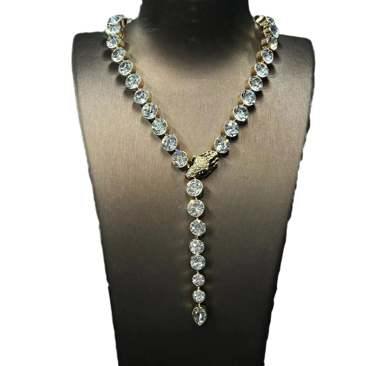 Vintage Large Rhinestone Y-shaped Long Necklace European and American Light Luxury Full Diamond Personality Necklace Jewelry