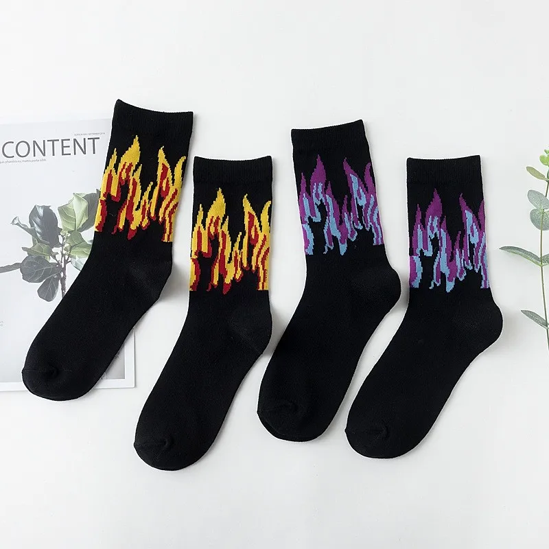 2 Pairs Men's Cool Graphic Flame Mid-Calf Socks - Purple Yellow, Streetwear Skateboard, Fashion Casual Comfortable