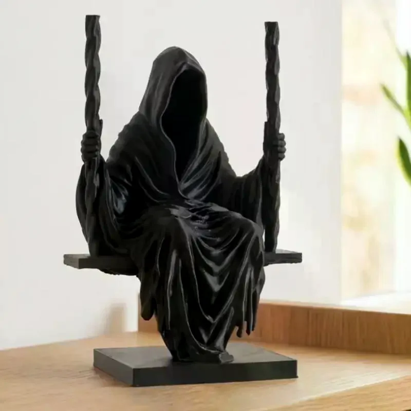 Swing Grim Reaper Statue Resin Black Hooded Miniature Figurine Halloween Desktop Gothic Decor