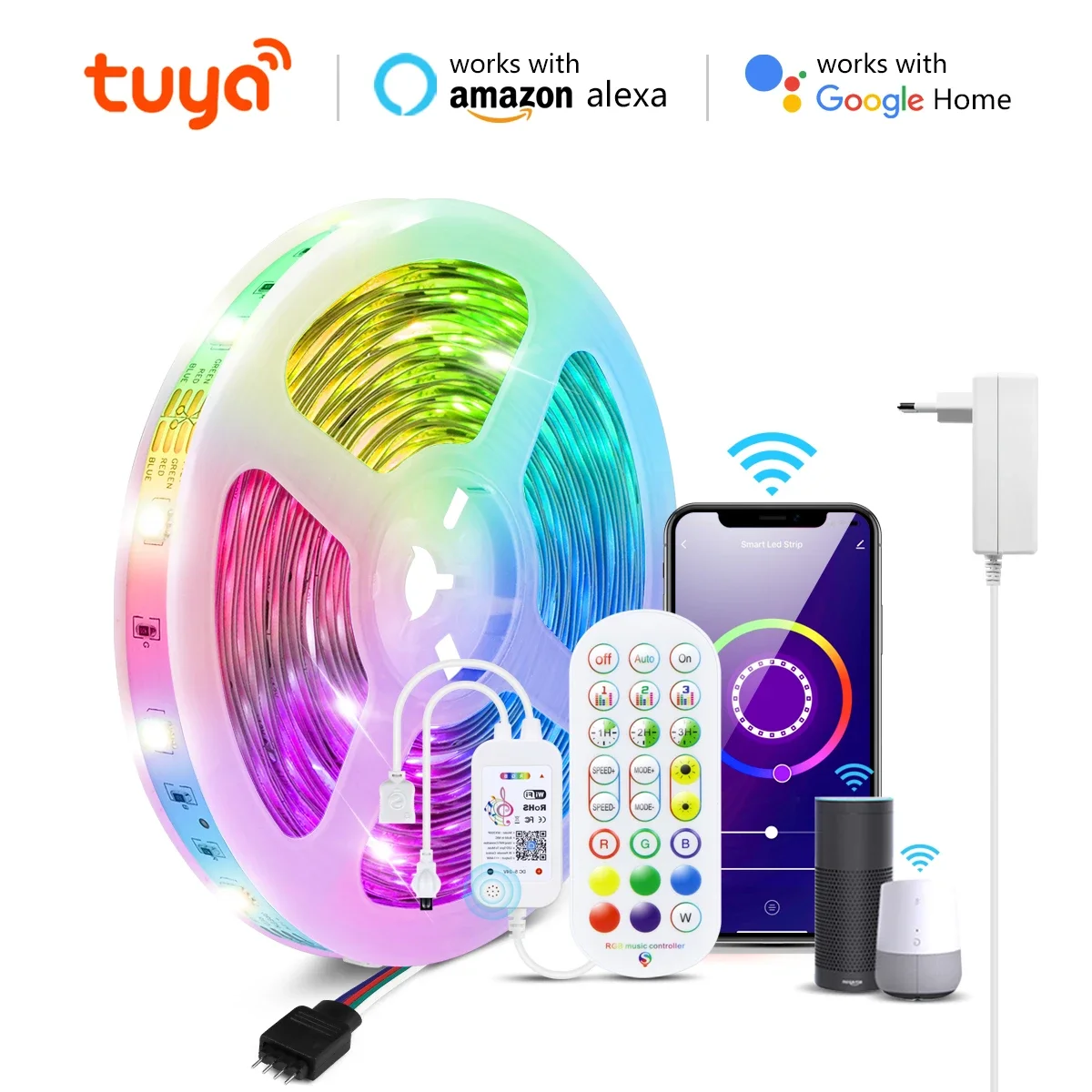 

5m 10m 15m 20m Tuya Wifi RGB LED Strip Light Smart Home Voice APP Remote Control Dimmable for Tuya/Smartlife APP Alexa Google