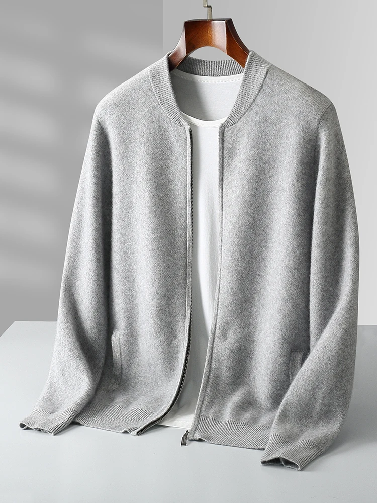 Men's Thick Casual Clothing 100% Merino Wool Knitted Sweater Autumn Winter Zipper Cardigan Long Sleeves Soft Warm Coat Tops