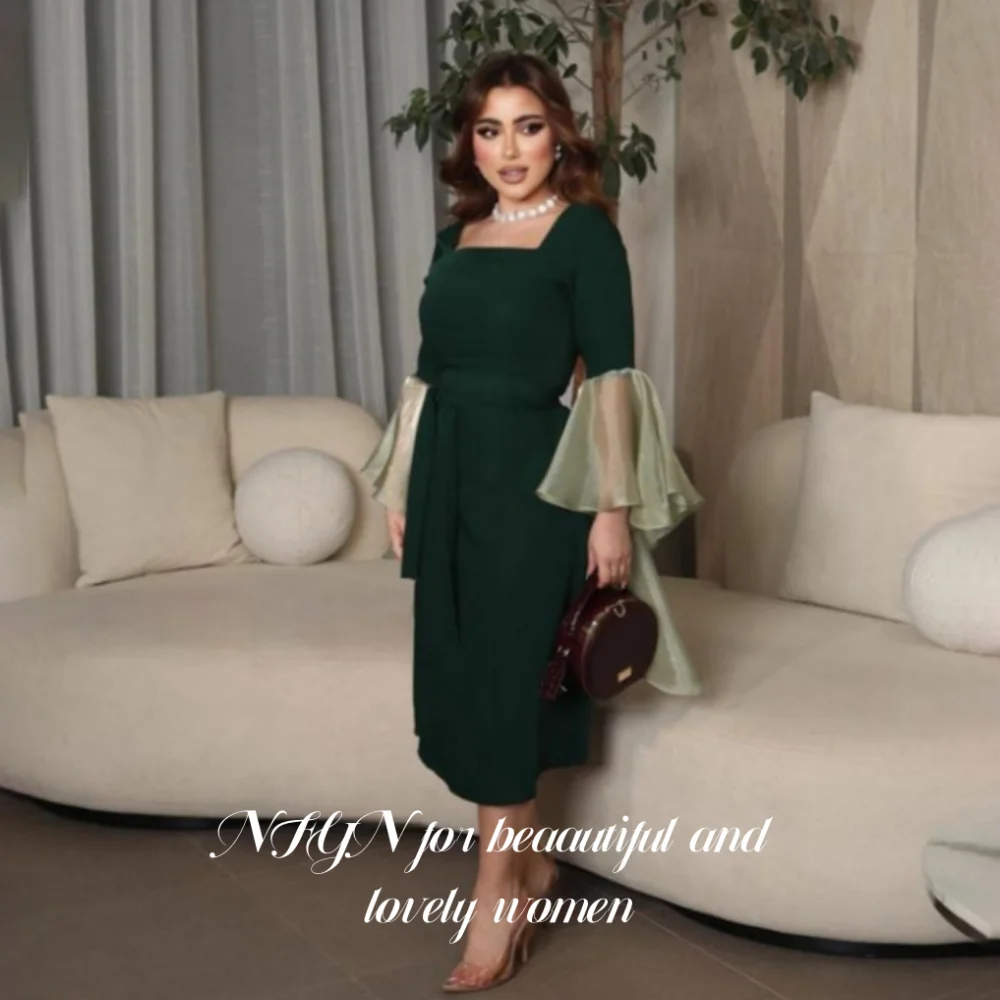 

NFYN Green Elegant Formal Gown Square Long Sleeves Prom Dress Satin Mermaid Evening Dresses for Woman robes de soirée Customized