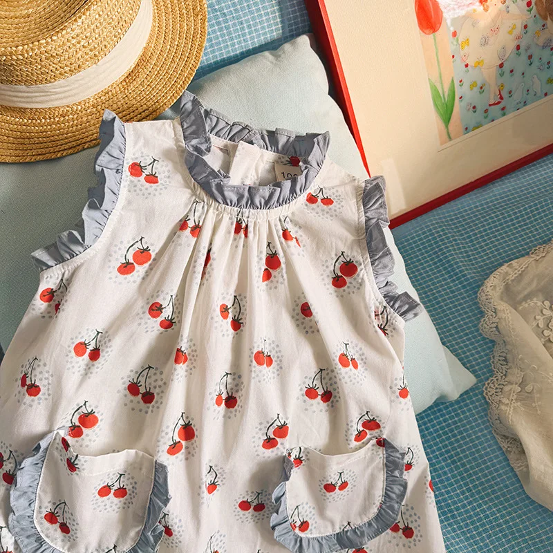 2026 Summer New Print Girls Dress Korean Sleeveless Lotus Leaf Princess Dress Vest Children Sweet Skirt