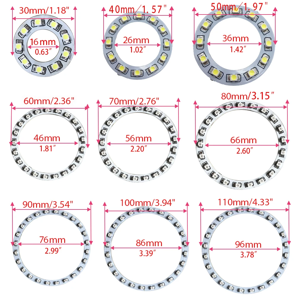 1PCS  White blue yellow red Green 30mm-160mm 3W Angel Eyes Ring Round Car SMD Light Lamp Bulb Headlight  DC9-14V