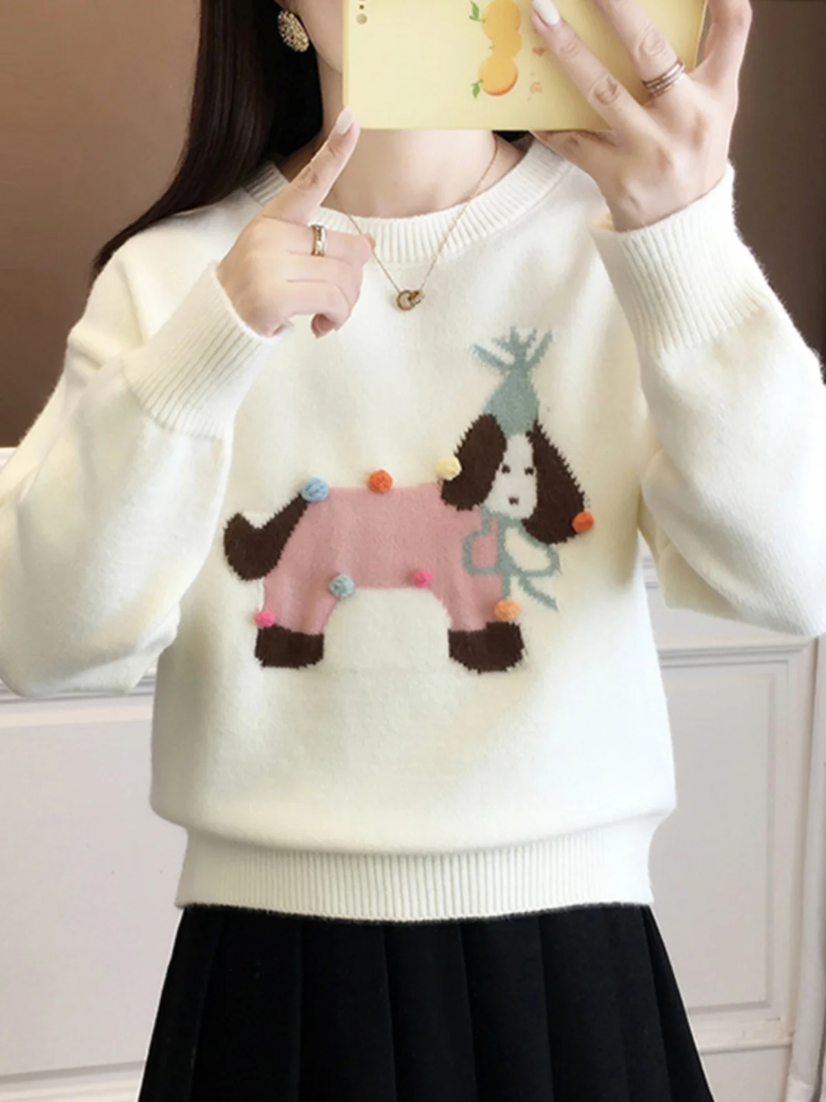

Cartoon Embroidered Women's Knitwear Base Layer Inner Wear Outerwear Autumn Winter Small Size Trendy High School Student Style