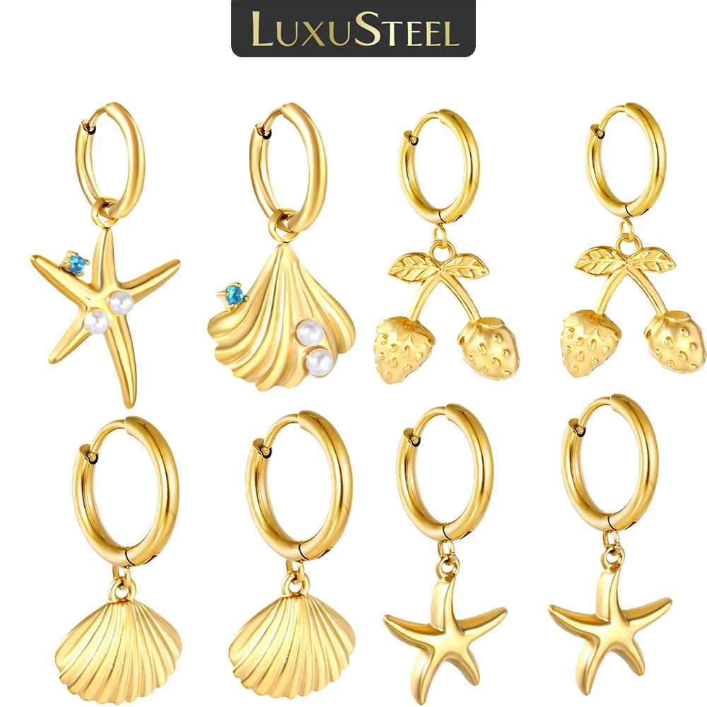 LUXUSTEEL Imitaiton Pearl Strawberry Hoop Earring for Women Stainless Steel Shell Starfish Female Earrings Jewelry Party Gift