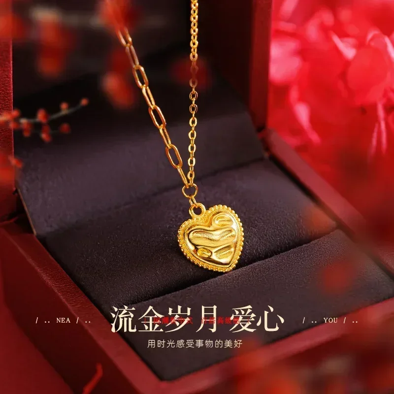

9999 Real Gold 24K Premium Heart Collarbone Necklace Flowing Gold Years Geometric Love Set Chain Necklace