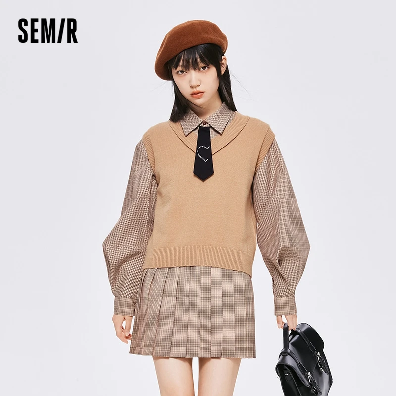 Semir Set Women V-Neck Knitted Tank Top Plaid Shirt & Dress 2023 Autumn New Loose Two Piece Set College Style