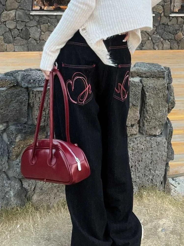 

Женские джинсы с высокой талией и вышивкой в стиле ретро, осень-весна, сезонный дизайн, утягивающие плавки, широкие брюки с сердечком любви