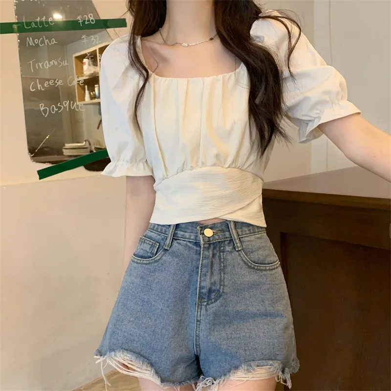 2024 Spring and Summer New Short Blouse Back Bow Tie Short-sleeved Shirt Casual Top Women\'s Clothing кофта Blusas Para Mujer블라우스