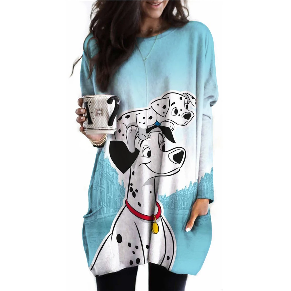 Disney 101 Dalmatian Printed Long Sleeve Women's Top Y2k Pocket T-shirt Top Sexy Round Neck Cartoon Printed Women's Long Sleeve