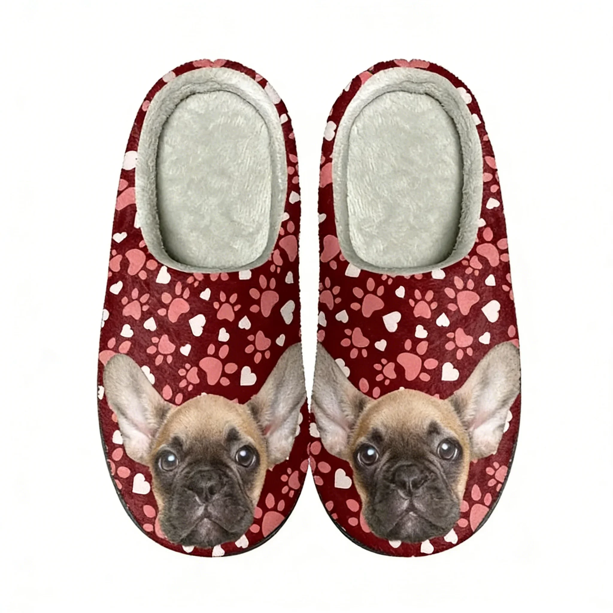 French Bulldog Print Women Men Plush Slippers Lightweight Winter Comfort Flat Floor Silent Slides for Pets Lovers