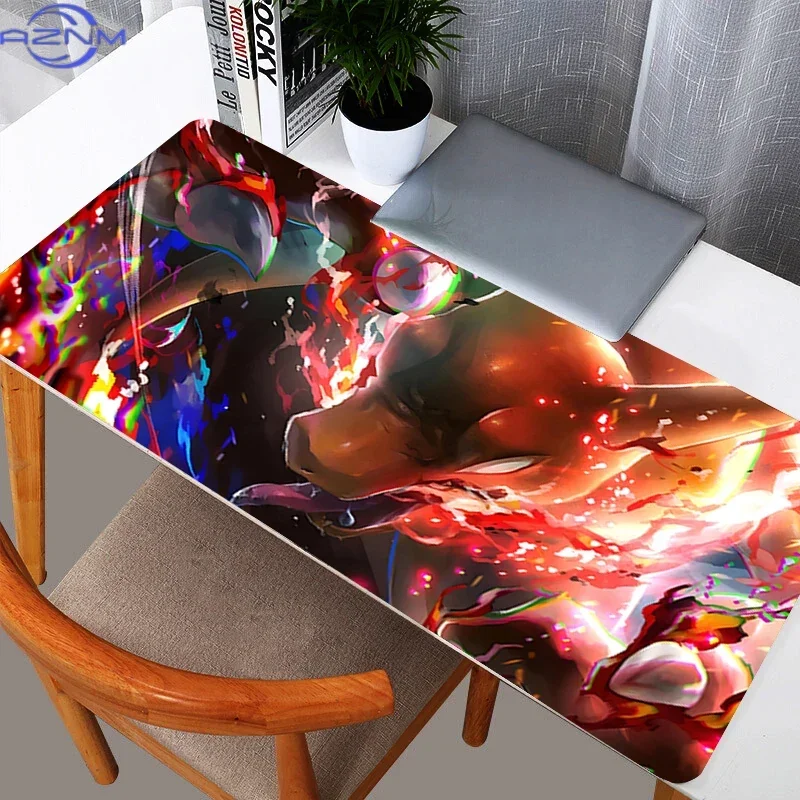 Charizard Fire Glitch Effect Anime Large Mousepad, Rubber Non Slip Extended Gaming Desk Mat, Cartoon Table Pad for Laptop Office