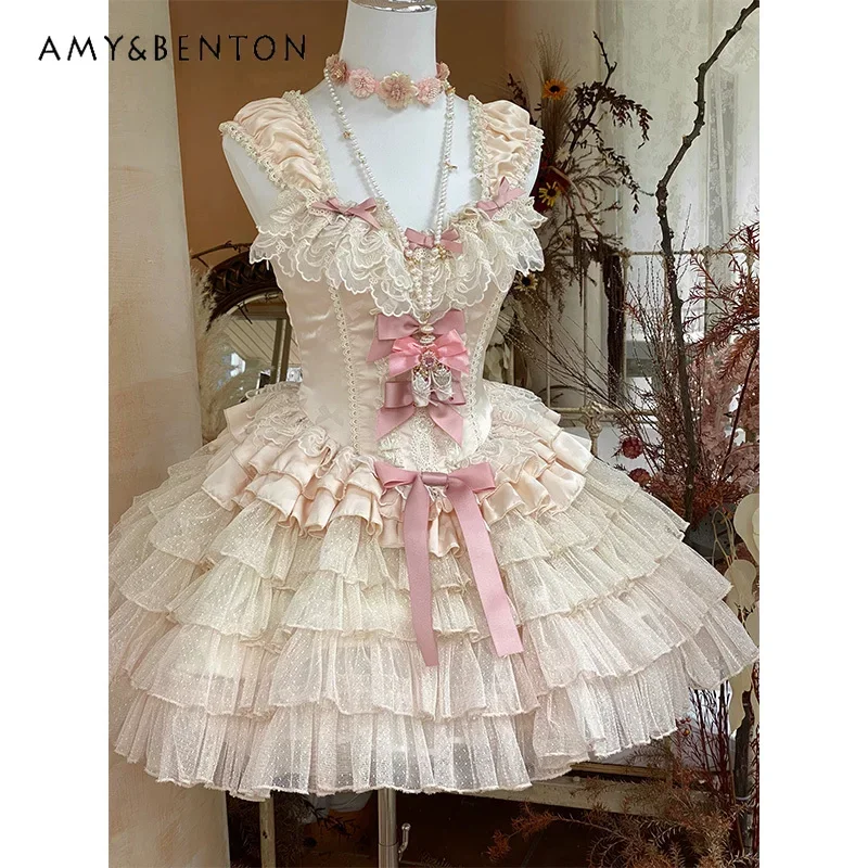 High SenseLolita Dress for Spring and Summer New Sweet Lace Stitching Sleeveless Slim Fit Ball Gown Dress Kawaii Bow Mini Dress